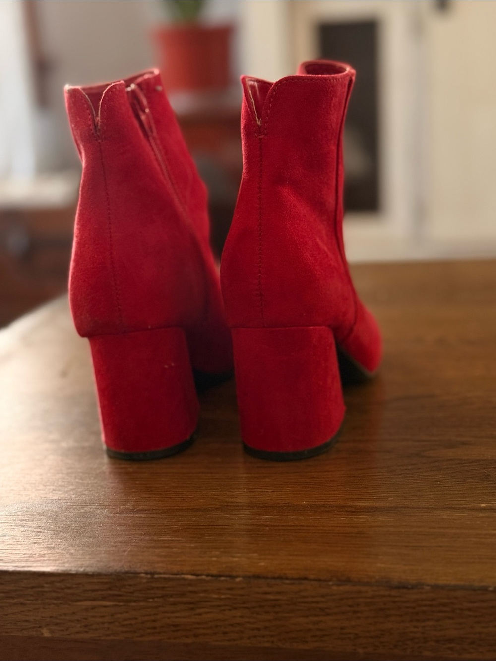 BAMBOO Red Suede Block Heel Ankle Booties - Picture 2 of 3